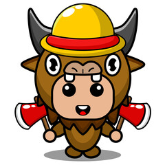 vector cartoon character cute bison animal mascot costume holding a farmer's ax tool