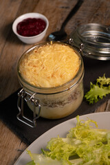 Beef pie recipe with red beet sauce cooked with chili spices and salad