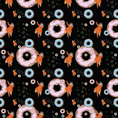 Funny cats astronauts have a sweet tooth. Donuts in the space. Seamless pattern on a black background. Cute cats. Space seamles pattern