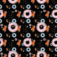 Fotobehang Funny cats astronauts have a sweet tooth. Donuts in the space. Seamless pattern on a black background. Cute cats. Space seamles pattern © Kateryna