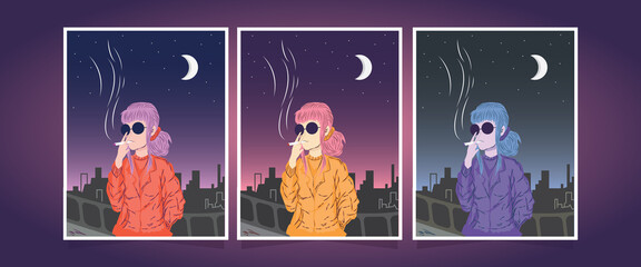 ILLUSTRATION POSTER TEMPLATE OF A WOMAN WITH A CIGARETTE AT NIGHT