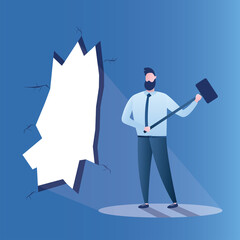 Overcoming obstacles, motivational banner. Businessman using big hammer punched hole in wall. Goal achievement, business strategy. Leadership, successful overcoming of problems.