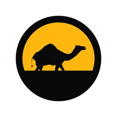 Camel, black and yellow colors, round sign for design on a white background, vector illustration