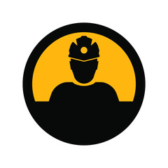 Builder or miner, black and yellow colors, round sign for design on a white background, vector illustration