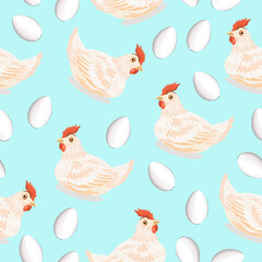 Seamless chicken and egg pattern on a light turquoise background.Vector pattern can be used in textiles, postcards, egg packages.