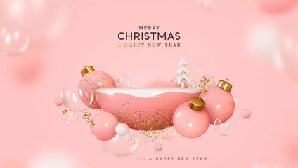 Christmas and New Year Pink background. Realistic 3d design stage podium, studio semi round sphere. Decorative festive elements glass bauble balls. Xmas holiday template podium. Vector illustration