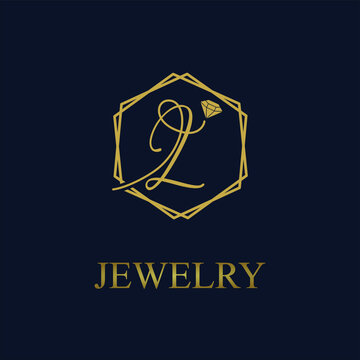 Golden Initial L Letter in Geometric hexagon with diamond for Jewelry business logo vector idea