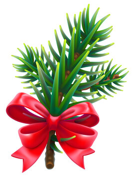 Green fluffy spruce branch and red christmas bow