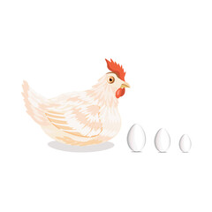 A chicken and three white eggs isolated on a white background.Vector illustration.