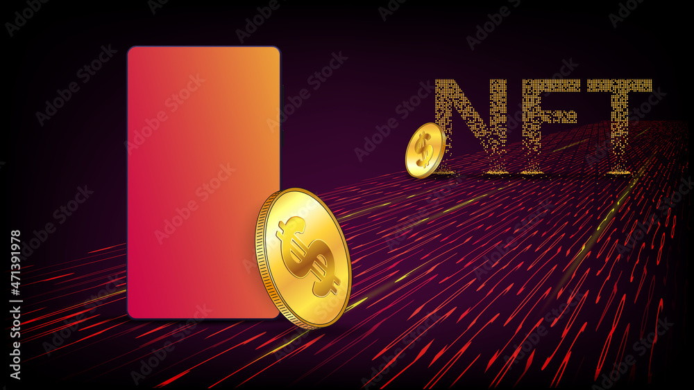 Canvas Prints cellphone with copy space and ntf non fungible token from crumbled falling golden cubes standing on 