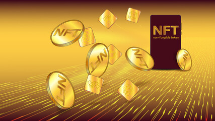 Concept of earning dollars USD on NFT non fungible token. Unique golden tokens and gold coins of US dollars fly out from cell phone on flowing digital stream. Colorful template for banner.