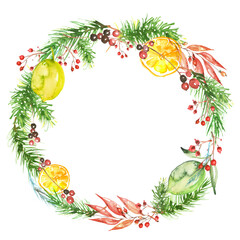 Watercolor wreath of spruce with holly berries and mistletoe for Christmas decoration. Christmas wreath frame made of fir, pine branches citrus, slices of orange, lemon, lime. decorative round  wreath