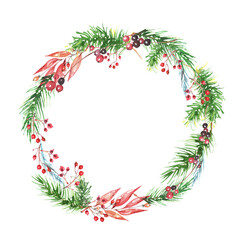 Watercolor wreath of spruce with holly berries and mistletoe for Christmas decoration. Christmas wreath frame made of fir, pine branches. decorative wreath,plate 