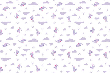 Seamless background pattern of delicate purple parrot on a light background with clouds and hearts elements. Vector hand drawn illustration. Creative for kids clothes, wrapping, textile, apparel.
