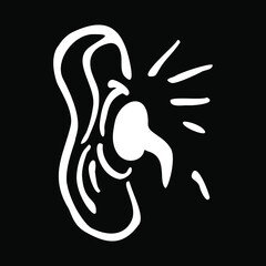 black and white icon sign silhouette ear and earphone on black background