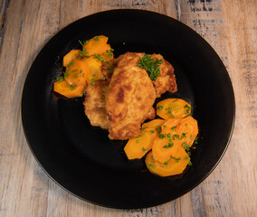 Recipe for breaded chicken cutlet, glazed carrots
