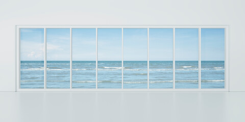 Contemporary empty white window with room over tropical sea and blue sky with white clouds, 3D Rendering