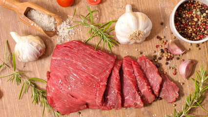 raw beef steak and spices