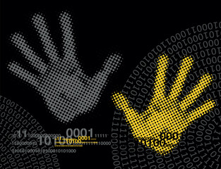 Obraz premium Hands and Spiral binary code background. Illustration of handprints with binary codes on black backdrop. Vector available.