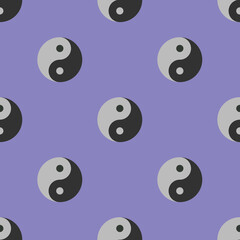 Seamless pattern. Image of Yin Yang symbol on pastel blue purple backgrounds. Symbol of opposite. Surface overlay pattern. 3D image. 3D rendering.