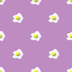 Seamless pattern. Image of chicken egg on pastel purple purple backgrounds. Egg with round yolk. Surface overlay pattern. 3D image. 3D rendering.