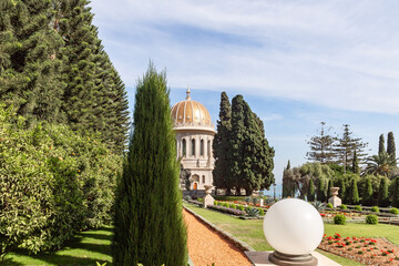 View from the decorative Bahai garden to the Bahai Temple, located on Mount Carmel in the city of...