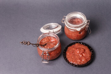 Chutney from rhubarb. Delicious food, traditional seasonal sauce