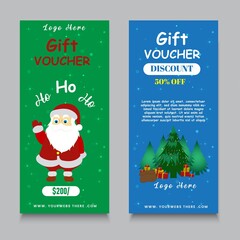 Merry Christmas Gift Voucher in Blue and Green Background Vector and Illustration. 
