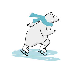 Polar bear ice skating training. Funny cartoon winter sport mascot