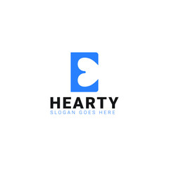 E letter plus negative space heart logo template in vector