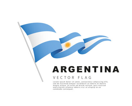 The Argentine flag hangs from a flagpole and flutters in the wind. Vector illustration isolated on white background.