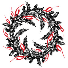Christmas tree marker lines holiday new year christmas spruce Christmas wreath with made of fir branches drawing black white red