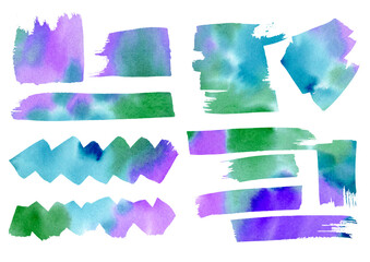 Artistic Multicolor Watercolor set design abstract elements for infographic and web, manga and catalog. Watercolour gradient colorful Stains, blobs and Frames freehand drawing. Multicolored large Set