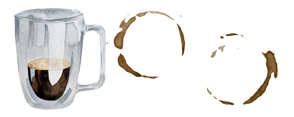 Watercolor cup of espresso with realistic coffee cup rings isolated on a white background.