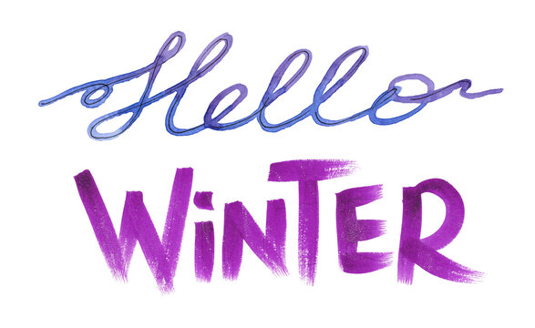 Hand drawn lettering winter phrase. hello winter - inscription text with typography design. Line art blue one line calligraphy and Watercolor purple script on white background