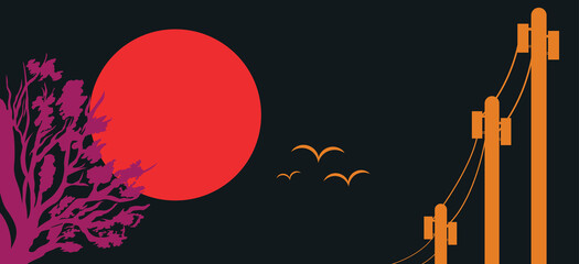 Illustration of a dark night background with a bright red moon, with the Japanese version of the color concept