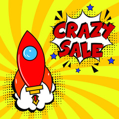 Crazy sale. Comic book explosion with text -  Crazy sale. Vector bright cartoon illustration in retro pop art style. Can be used for business, marketing and advertising.  Banner flyer pop art comic