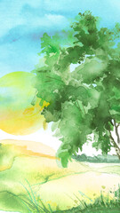 Watercolor autumn, summer forest, silhouette of trees, bushes.,sun, sunset, Field. Country view. logo, card. Drawing of green trees on a summer grass. Country landscape.Yellow sun. Watercolor cover 