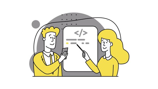Concept of script coding, programming. A programming language. Programmer working on web development on computer. Software developers. Workplace of the programmer. Office workers. 2d Flat animation.