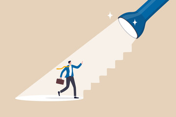 Spotlight to guide career success, recruitment or HR finding candidate or talent, opportunity or career growth, ladder of success concept, businessman walk up flashlight with staircase light beam. - obrazy, fototapety, plakaty