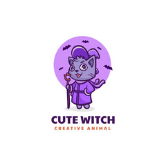 Vector Logo Illustration Cat Witch Mascot Cartoon Style.