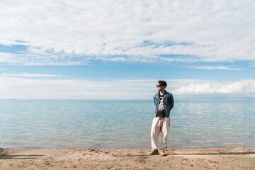 A man traveling in Qinghai Lake, China