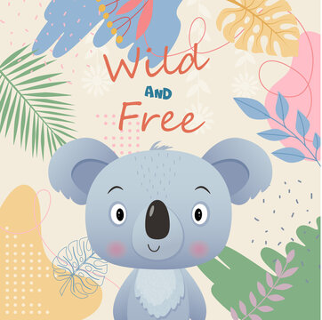 Wild and free Illustration of little cute koala with leaves and flowers Spring and summer on yellow Background