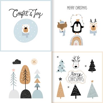 Christmas winter greeting cards set, seasonal design for kids