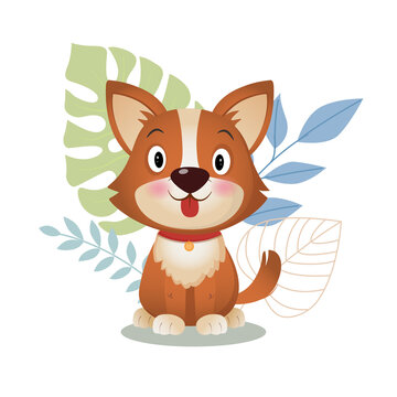 Illustration of little cute dog corgi with leaves and flowers Spring and summer on white Background