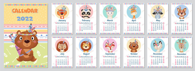 Cute 2022 Yearly Calendar design with wild Indian sanimals on white