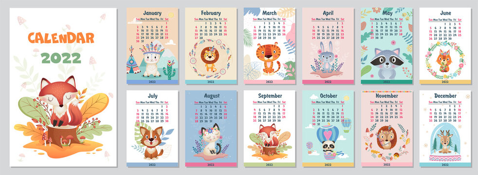 Cute 2022 Yearly Calendar design with wild Indian sanimals on different Background