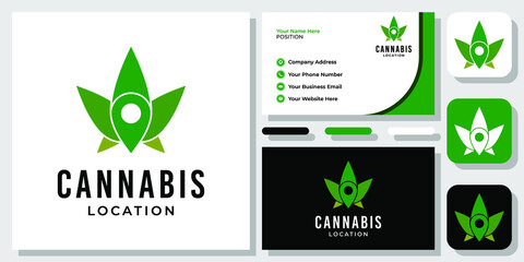 Cannabis Pin Location Hemp Map Drug Local Herb Place Plant Logo Design with Business Card Template