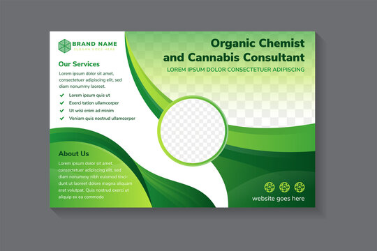 organic chemist flyer design. Abstract geometric banner template for universal business promotion. horizontal layout use multicolored green as element. white background with space for photo collage.