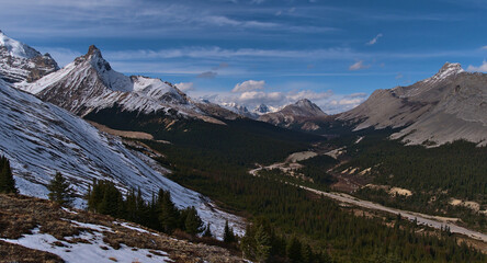 Panoramic view of North Saskatchewan River Valley with Icefields Parkway, coniferous forest and snow-capped Hilda Peak in Banff National Park, Canada.